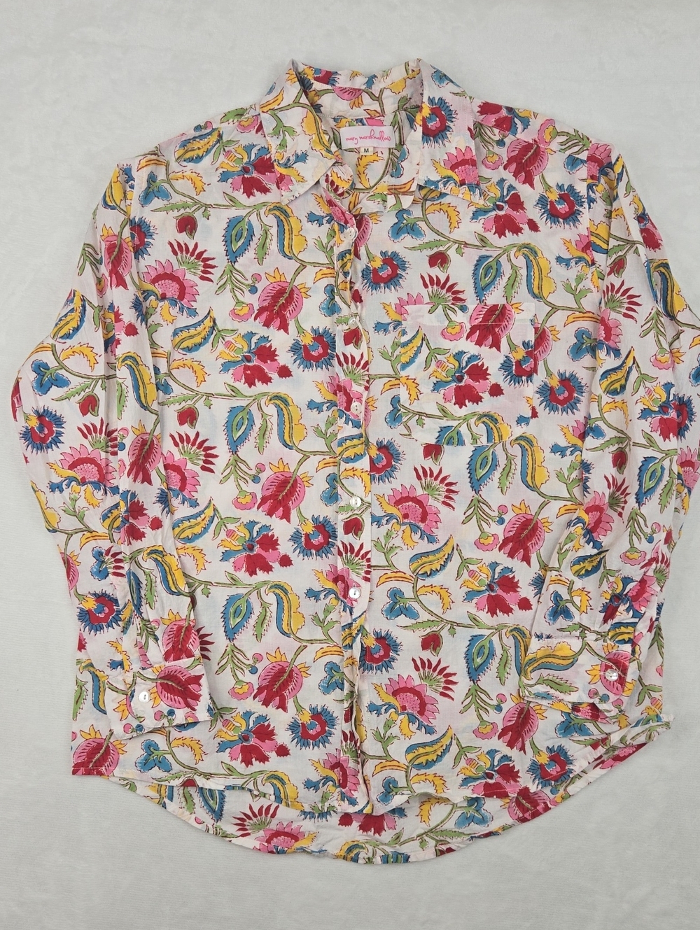 Mary Marshmallow Colorful Floral Button Front Blouse Top 100% Cotton Size M